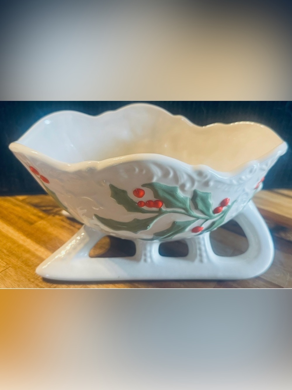 Vintage Mid-Century White Ceramic Holiday Sleigh Bowl with Holly Berry Design